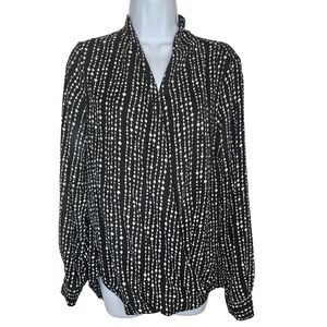 Pleione Blouse L Black Cream Dot Stripe Surplice Long Sleeve Top
